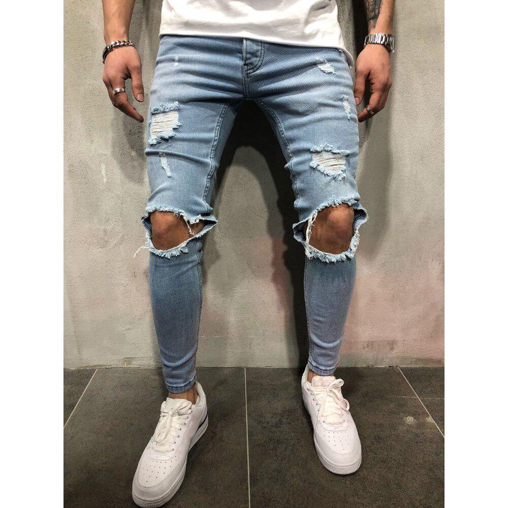 2019 Distressed Holes Ripped Jeans Denim Skinny Jeans Men Streetwear ...