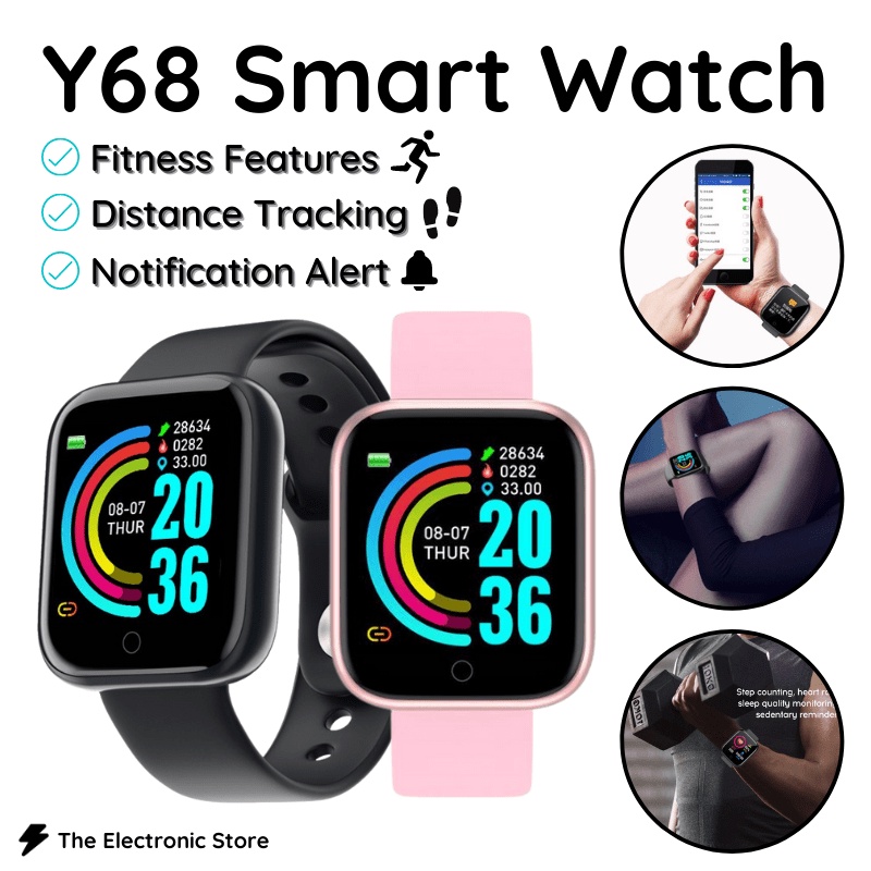 Y68 Smart Watch Bluetooth Waterproof Fitness Tracker Jam Tangan with Heart Rate Monitor Steps Counter & Message Reminder