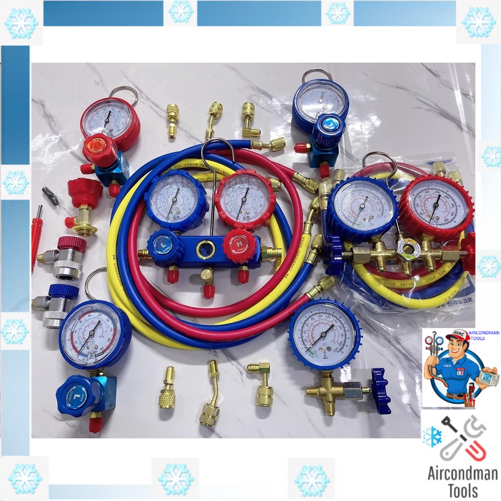 Manifold Gauge gas meter aircond with 3pcs Charging Hose Set R410a R32