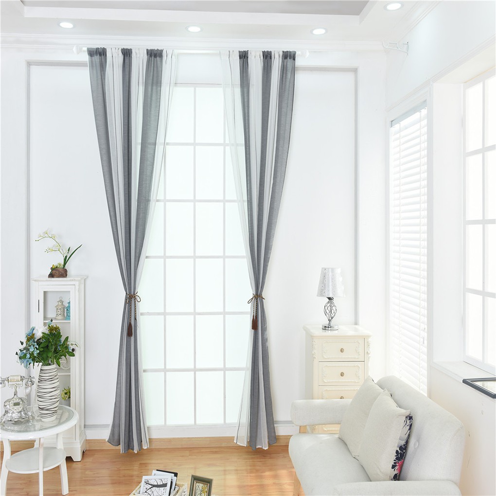 Stripe Semi Sheer Curtains Bedroom Window Gauze Drapes Rod Pocket