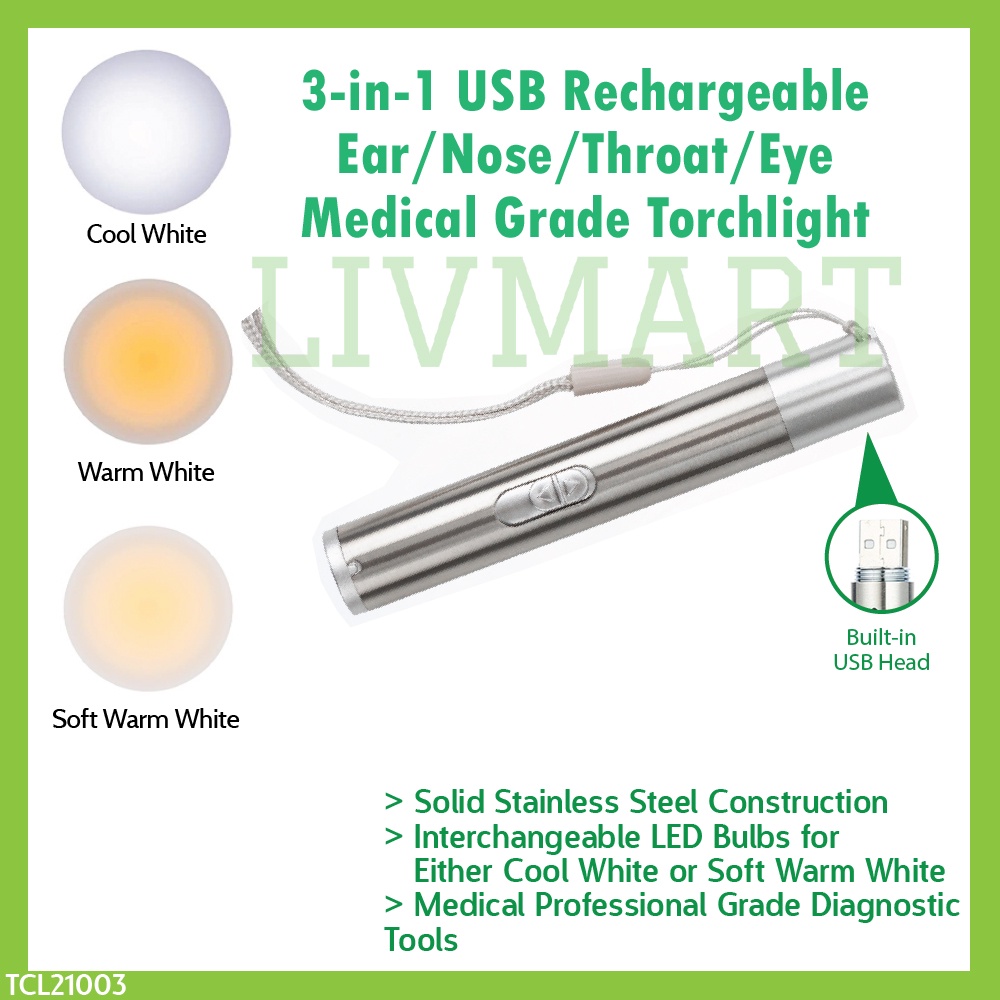 3in1 USB Cableless Rechargeable Stainless Steel ENT & Eye Exam Warm