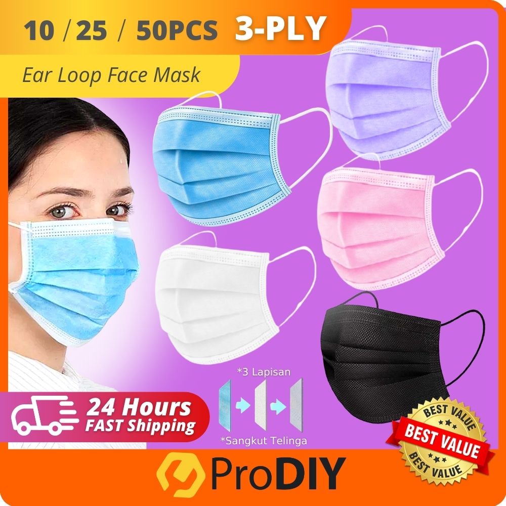 PRODIY 50pcs 3-PLY Disposable Earloop Face Mask Flu Protection Pollution Dust Haze Germs Pollen 3ply Topeng Muka 耳挂式口罩