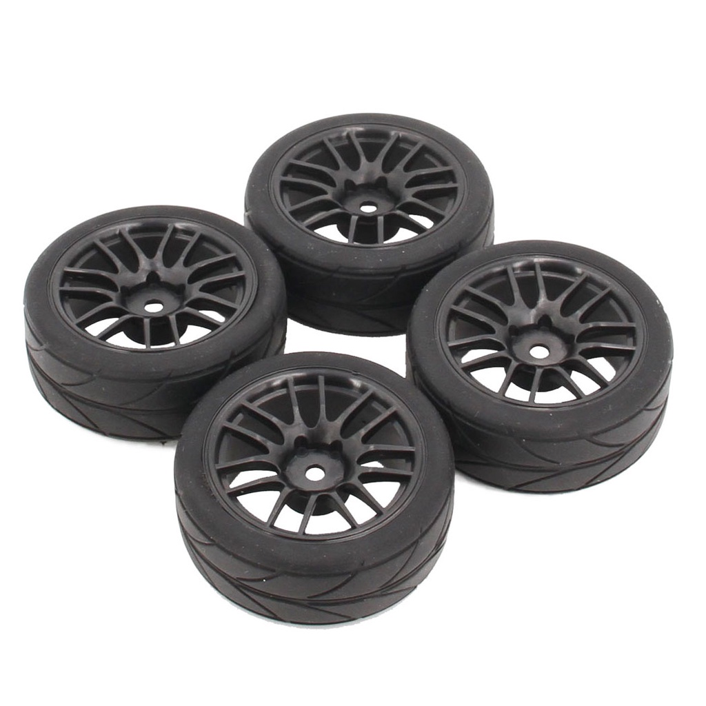 Mxfans Black RC 1/10 On-Road Racing Car Black Plastic 7-Spoke Wheel Rim & High Grip Rubber Tyre Set of 4 