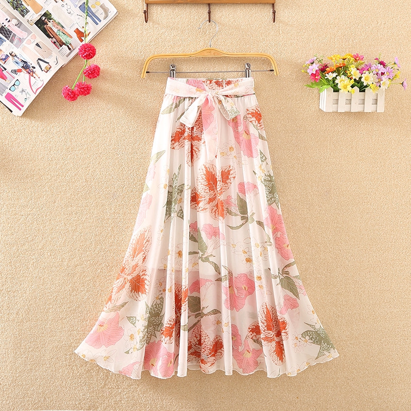 Fashion Chiffon floral women's maxi skirt Korean lace-up high waist A-line thin large swing skirt long printed skirts