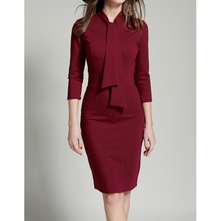 tie collar plain bodycon dress