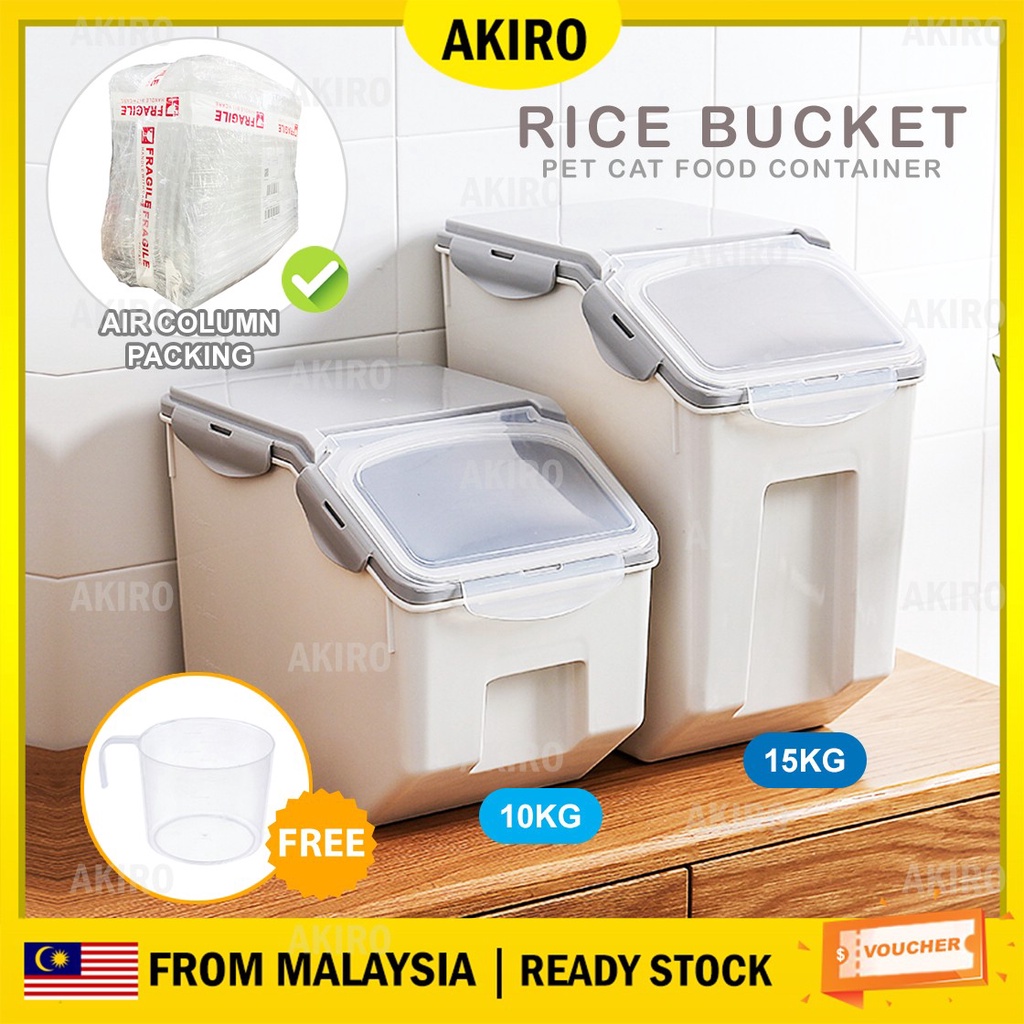 AKIRO Rice Bucket 10/15kg Fully Sealed Cereal Storage Box Kitchen Pet Cat Food Container Bekas Beras Kedap Udara Nasi米桶