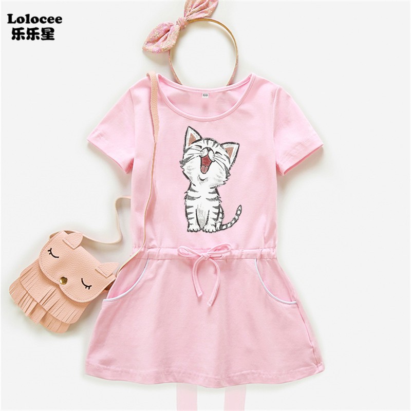 Baby Girls Summer Dress Kawaii Cat Print Short Sleeve Dresses With Pocket Fashion Party Dress Shopee Malaysia - pink party dress template roblox fashion dresses