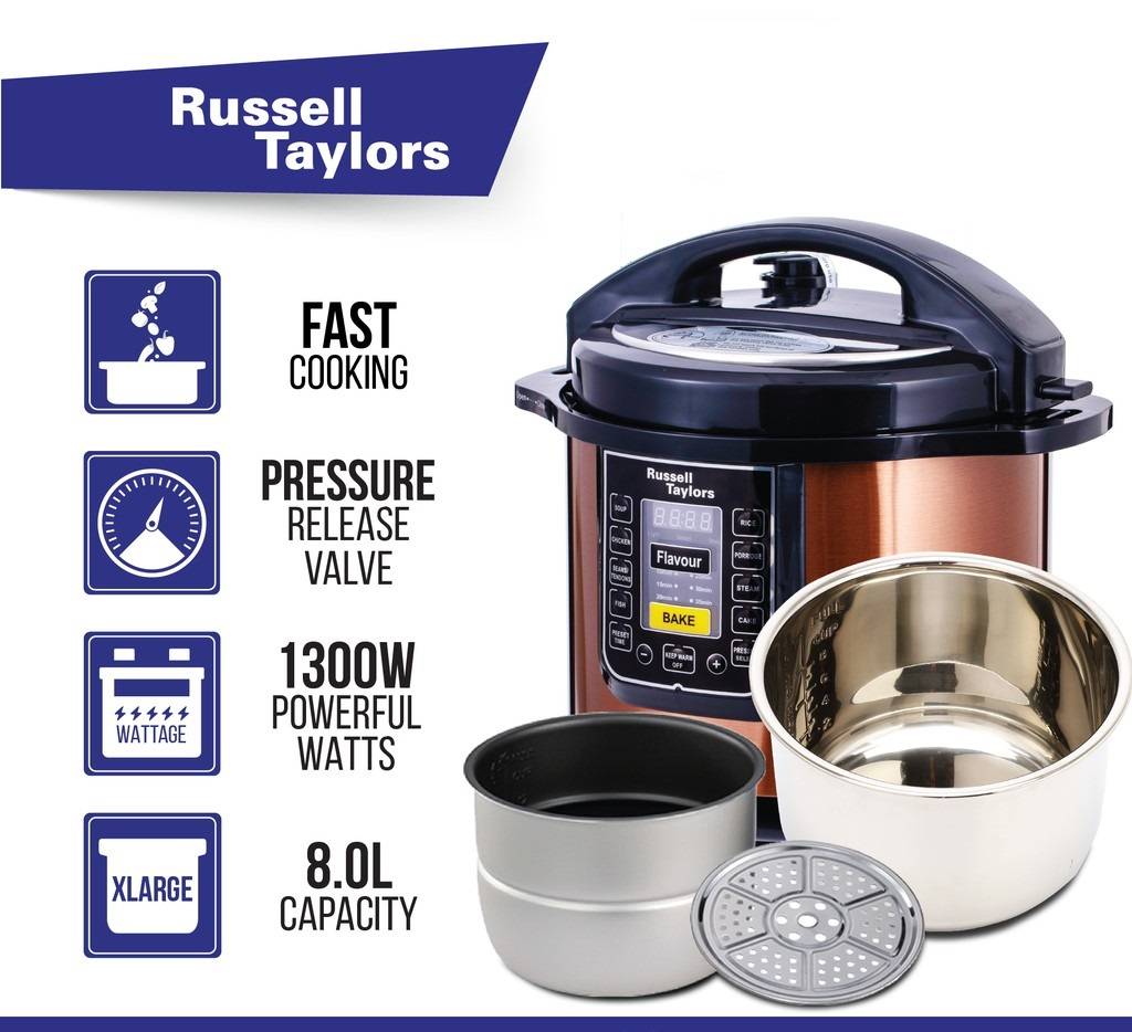 Periuk Tekanan Elektrik (8L) Russell Taylors Dual Pot Pressure Cooker Electric Rice Cooker 2 Inner Pots + 1 Steam Rack