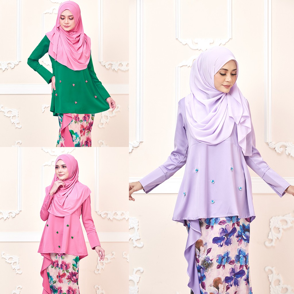 Peplum Dull Satin Baju  Kurung  Purple  Emerald Green  Pink 