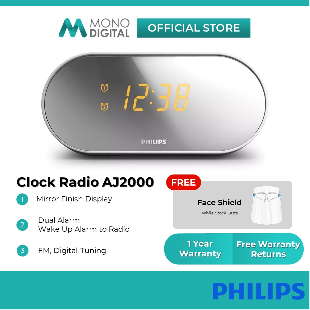 Philips Clock Radio AJ2000 | Mirror Finish | Dual Alarm | FM Digital Radio [FREE Soft Face Shield]