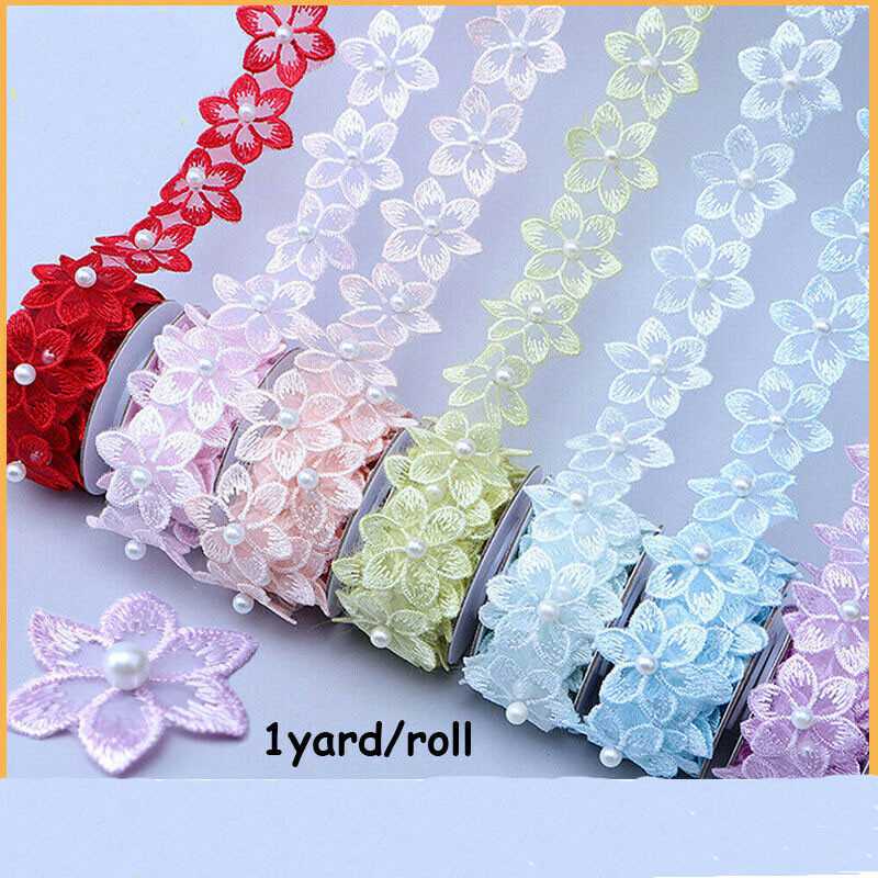 1 Yard Beaded Flower Trim Lace Embroidered Ribbon Clothing Sewing Wedding Dress