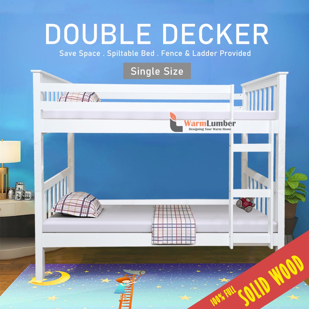Double Decker Bed Frame Full Solid Rubberwood Single Size Bunk Bed