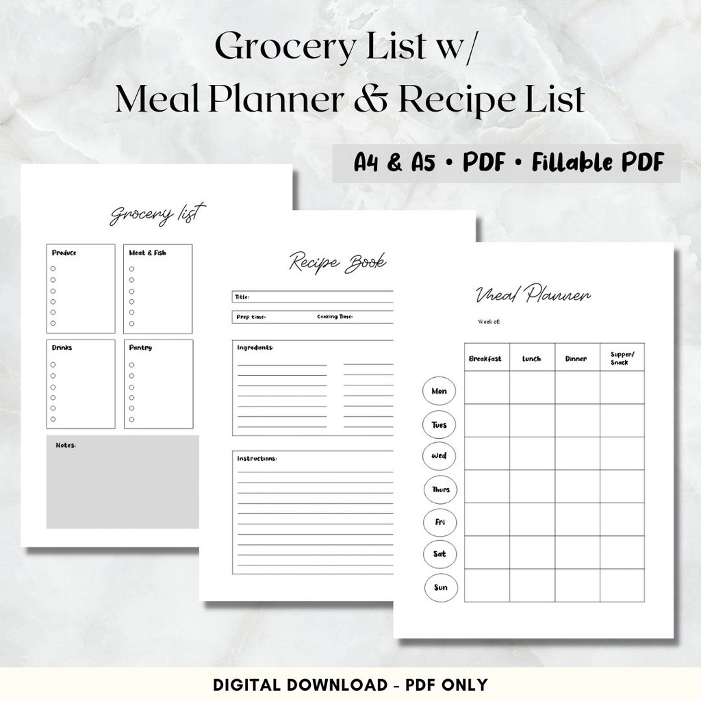 [PDF] Grocery List with Weekly Meal Planner and Recipe List, Printable ...