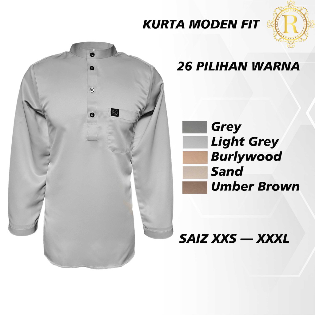 Kurta Slim Fit Moden Lelaki Warna Grey | Light Grey | Burlywood | Sand