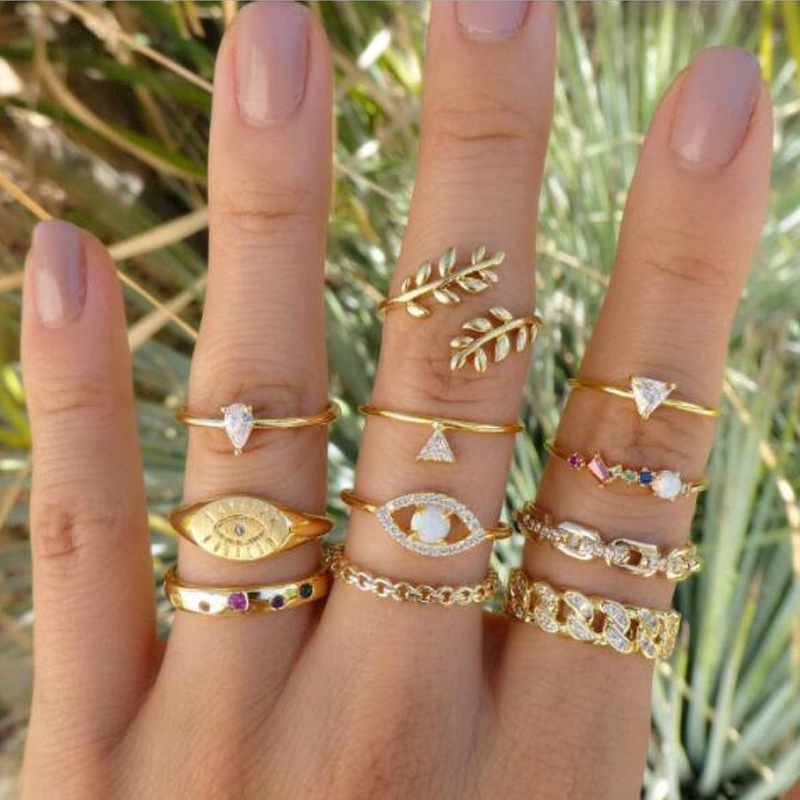 Set di anelli combinati con strass colorati, triangolo creativo, 11 pezzi/set_voghion.com