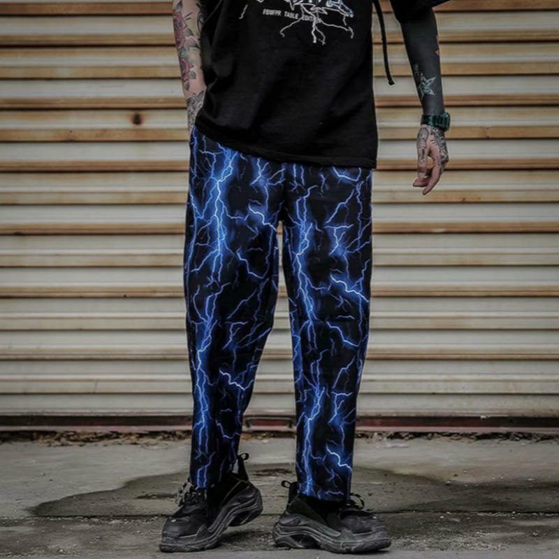 Men Lightning Print Sports Pants Fashion Elastic Waist Man Straight Trousers  Harajuku Casual Wide Leg Pant Male Hip Hop Loose Streetwear | Shopee  Malaysia