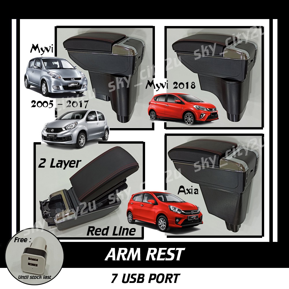 Perodua Axia Myvi Old 2005 Myvi Lagi Best 2011 Myvi Icon 2015 Myvi New 2018 - 2023 7 USB Port Arm Rest Slidable Armrest