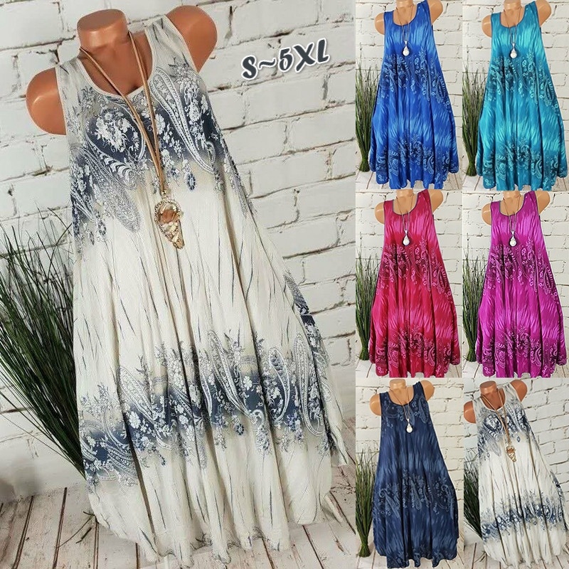 NEW Women's Round Neck Digital Flower Printed Dress Sleeveless Plus Size Mini Dress S-5XL