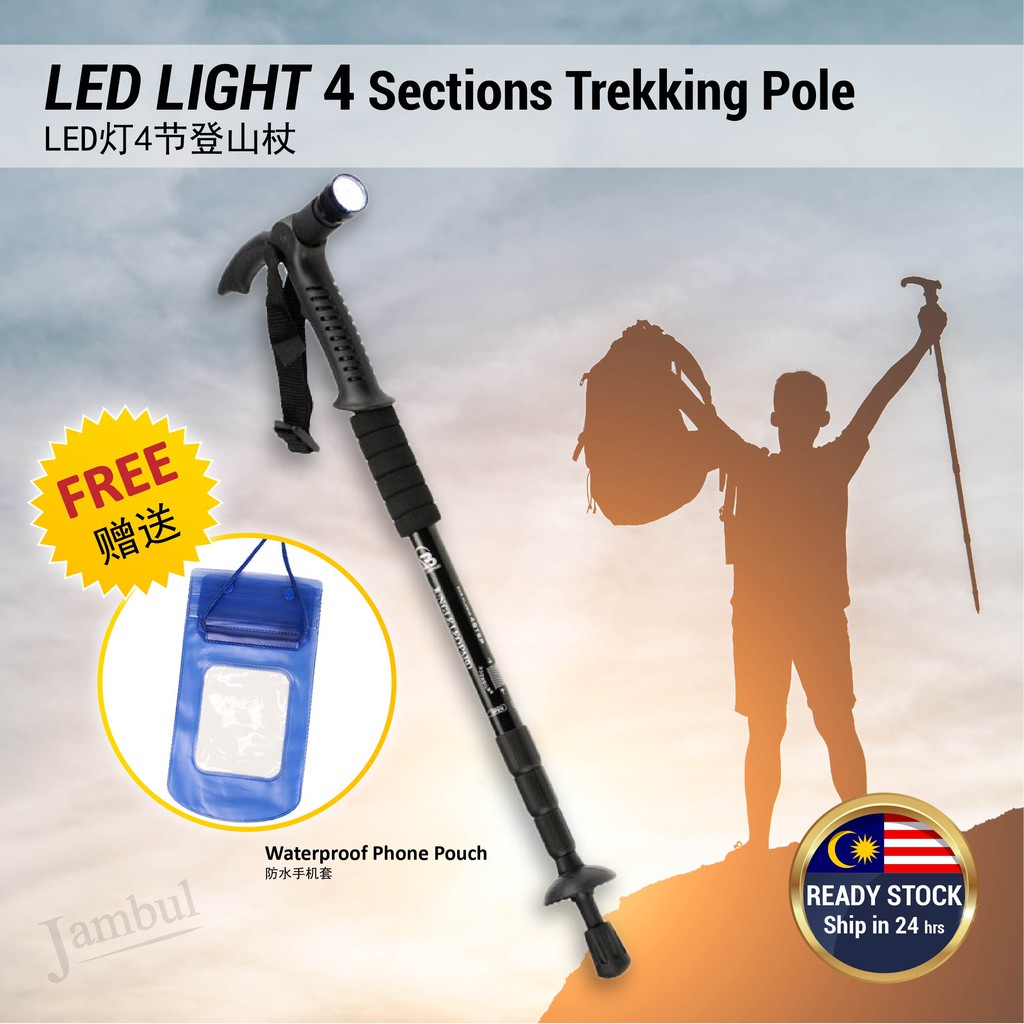 Aluminum Alloy Telescopic LED Light Trekking Pole Tiang Trekking Tongkat Jalan Mengembara 铝合金伸缩登山杖