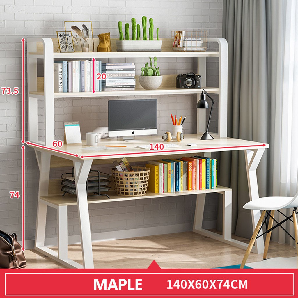 Office Table Modern Simple Computer Desk Home Office Desk With Bookshelf Dual Tier Student Study Desk (140X60cm)