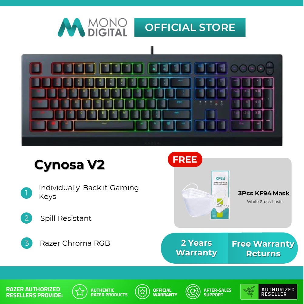 RAZER Cynosa V2 RGB Membrane Gaming Keyboard Dedicated Media Keys/Spill Resistant RZ03-03400100-R3M1 (Free 3 Pcs of KF94)