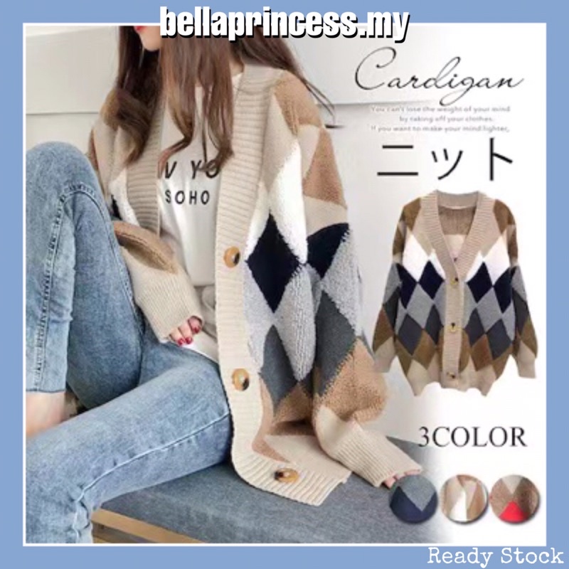 (Ready Stock) Korean knitted sweater Long Sleeve Sweater Check women