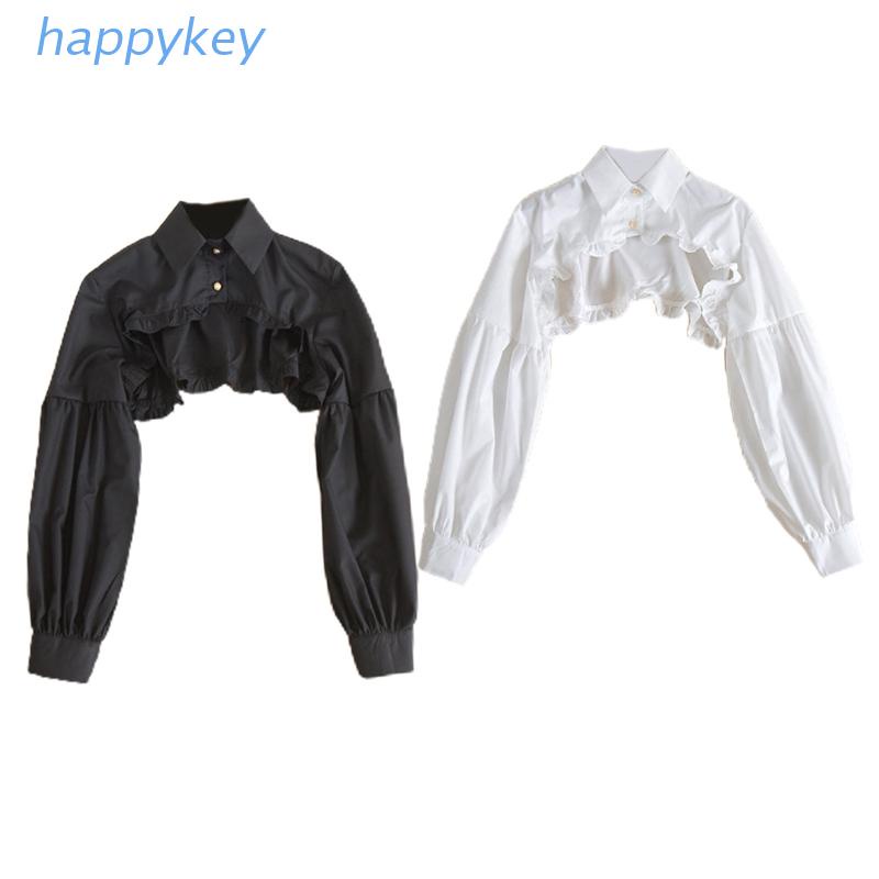 HAP Women Puff Long Sleeve Half Top Blouse Ruffled Edge Golden Button Detachable False Fake Collar Winter Sweater Decorative Clothing Accessories