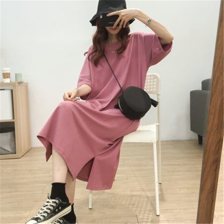 New Korean Short-sleeve Solid Color Side Cut Cotton Maxi Dresses Female Student Loose Basic Round Neck Style Long Dress