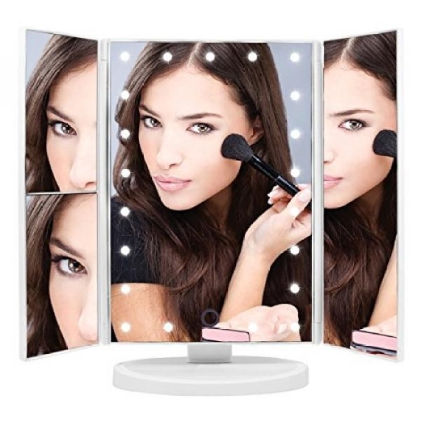 Dimming Tri Vanity Mirror Lighted, Tri Fold Makeup Vanity Mirror With 21 Dimmable Touch Led Lights