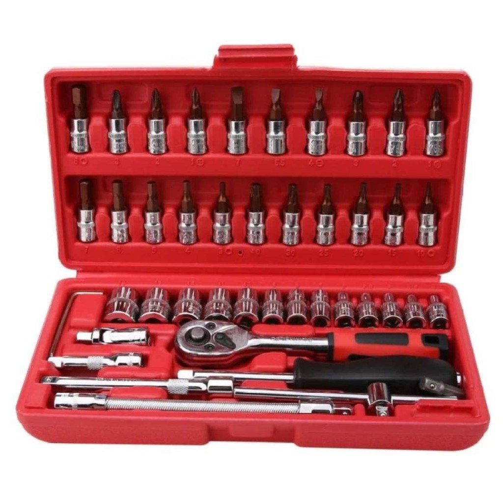 46pc Chrome Vanadium Socket Set Tool Box Set Ratchet Spanner Wrench Set