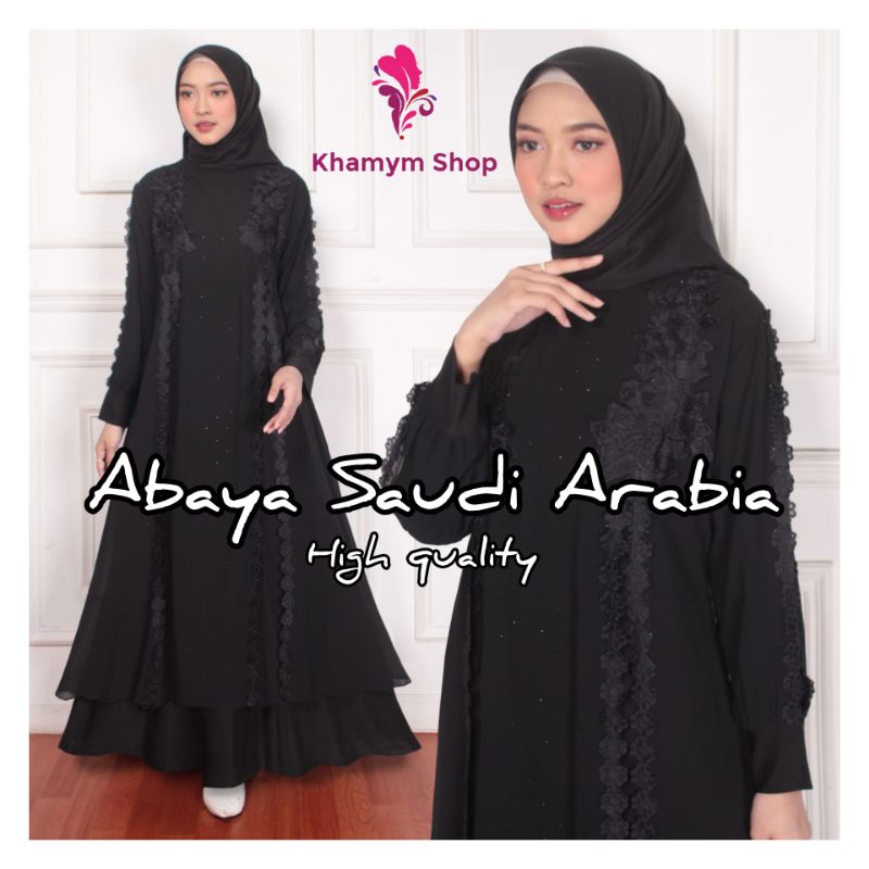 HITAM [Latest Khmymshop] Beautiful Flower Embroidery Black Muslim Women's Dress|| Saudi Arabian Abaya