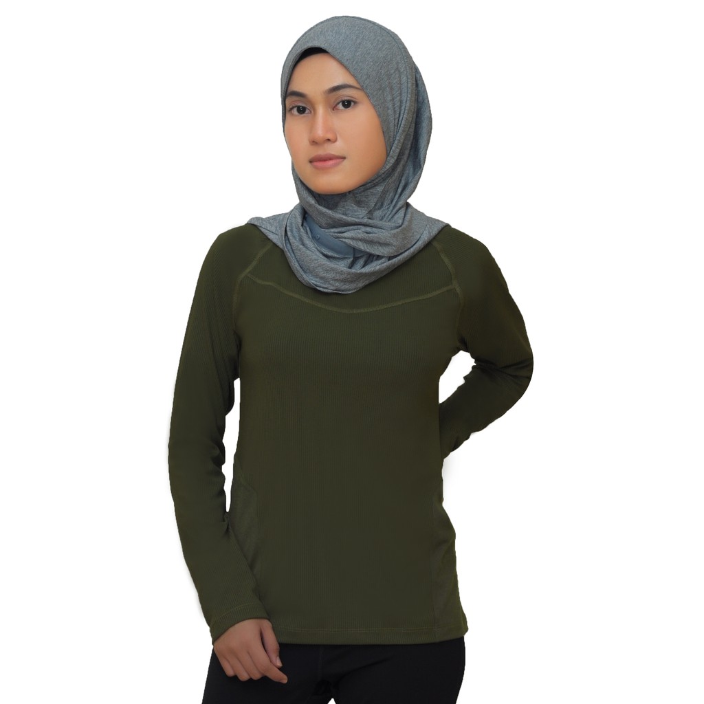 BE Elementz Women's Long Sleeve Shirt (Khaki Green) WTT0020 elastic cool material / baju lengan panjang elastik kain
