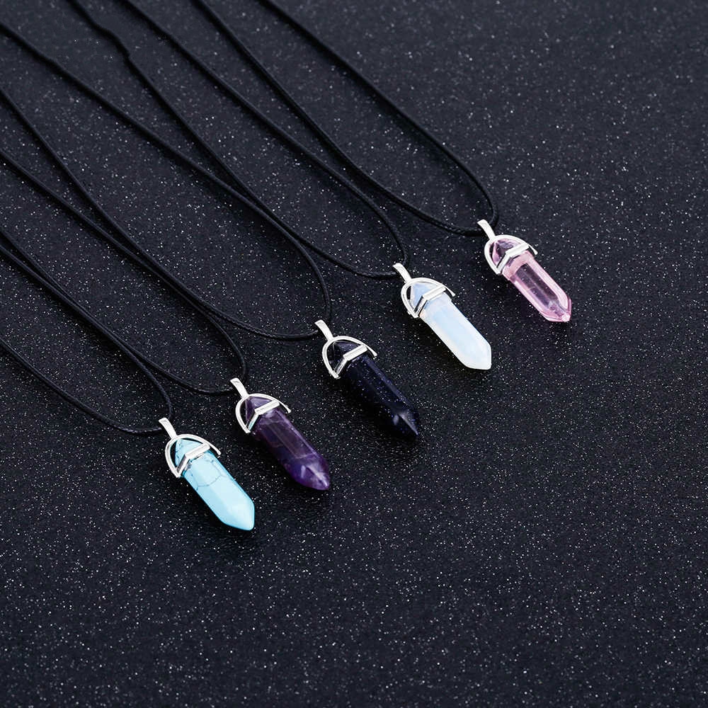 New Hot Hexagonal Crystal Tiger Eye turquoises pendentif amethyste Stone Pendant Chains Necklace Women Jewelry