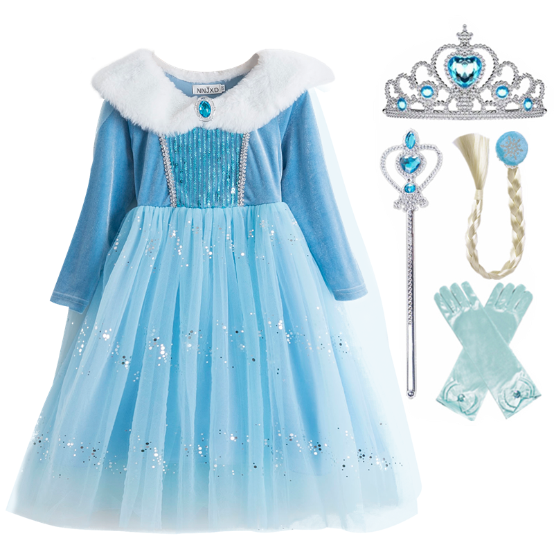 WFRV Frozen 2 Dress New Princess Dress Girl Cosplay Costume for Halloween Christmas Dress Party Vestido Long Sleeve Girls Winter Dress