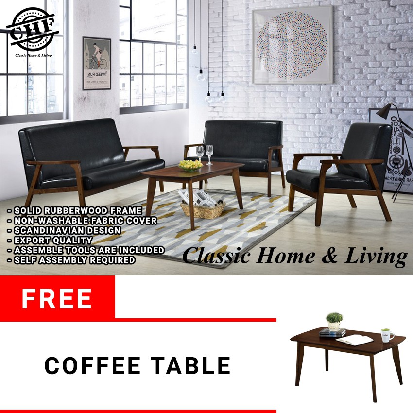 CHF NICO PU Wooden Sofa set 1+2+3 Free Coffee Table/Solid Wood Frame/Thick and Comfortable(Black PU)