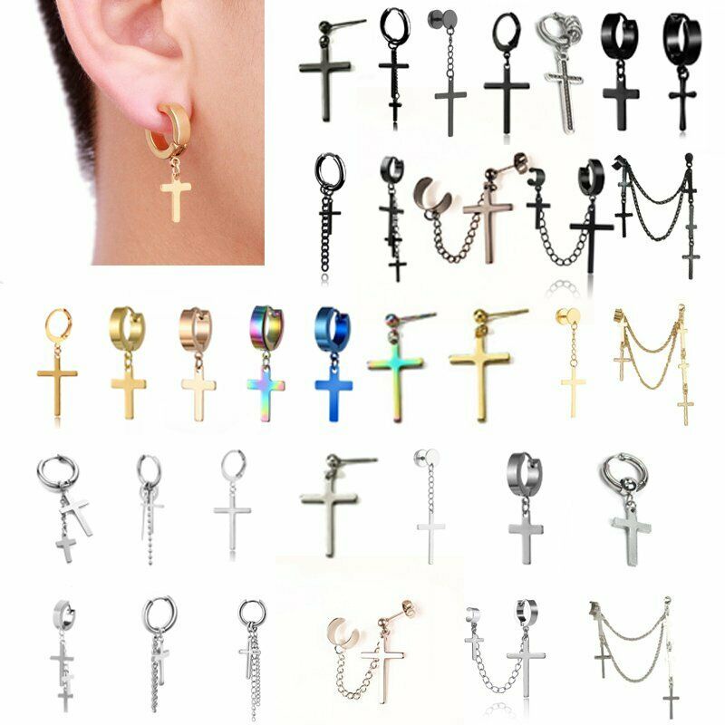 Stainless Steel Cross Tassel Chain Earrings Drop Dangle Women Men Jewelry Charm