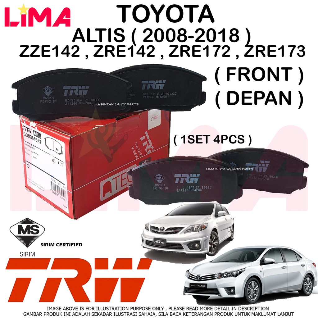 Toyota Corolla Altis Zre142 Zre173 Front Rear Brake Pads Disc Brake Pad Trw Original 2008 2018 Shopee Malaysia