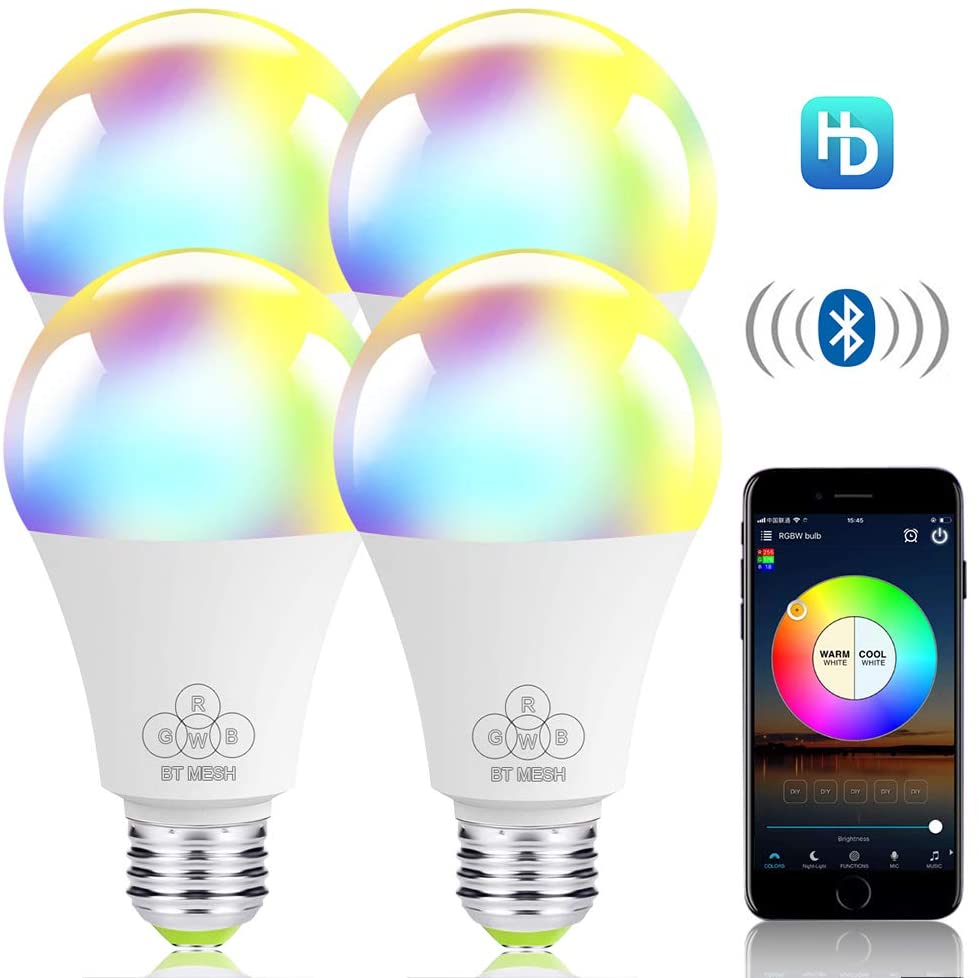 Smart Light Bulb Bluetooth Mesh 4 Pack Rgb White Color Changing Dimmable Led Bulbs 4 5w 350lm E26 Rgbw Led Night Lights Ios Android App Control Music Sync Group Control Timer Function