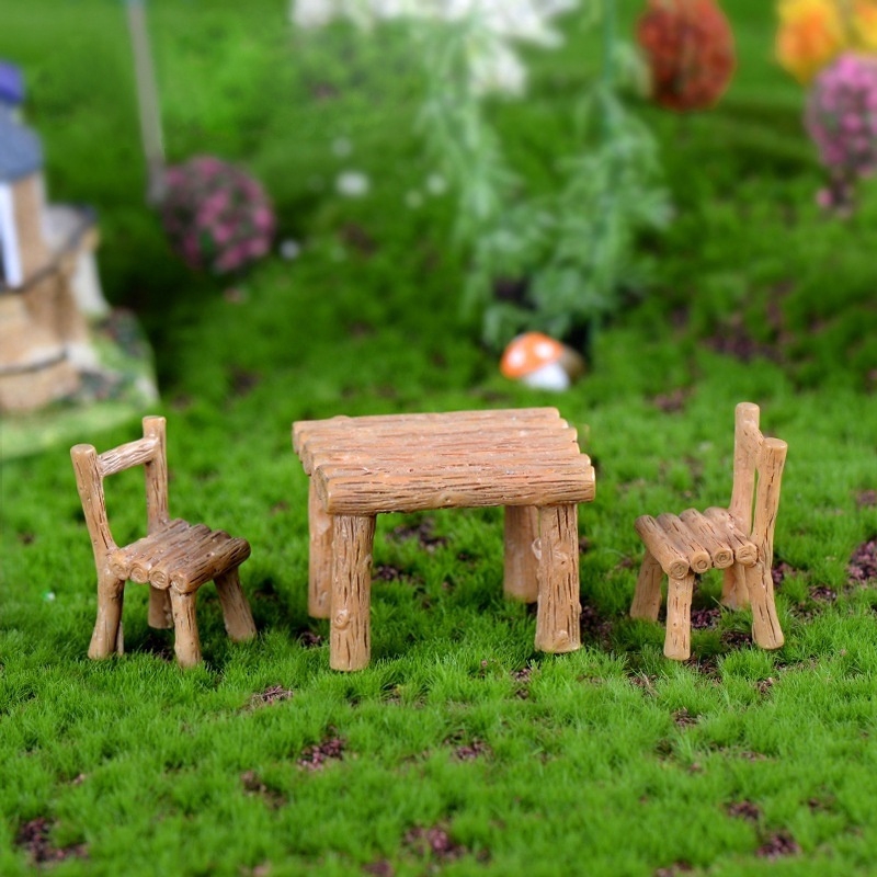 3Pcs/Set Wooden Table Chairs Miniature Landscape Ornaments Fairy Garden Bonsai Dollhouse Decorations