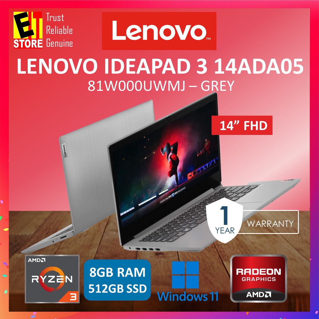 LENOVO IDEAPAD 3 IP3  LAPTOP -PLATINUM GREY (RYZEN 3 3250U/8GB/512GB SSD/14FHD/W11/1YR/OFF H&S 2019/T210 BAG)