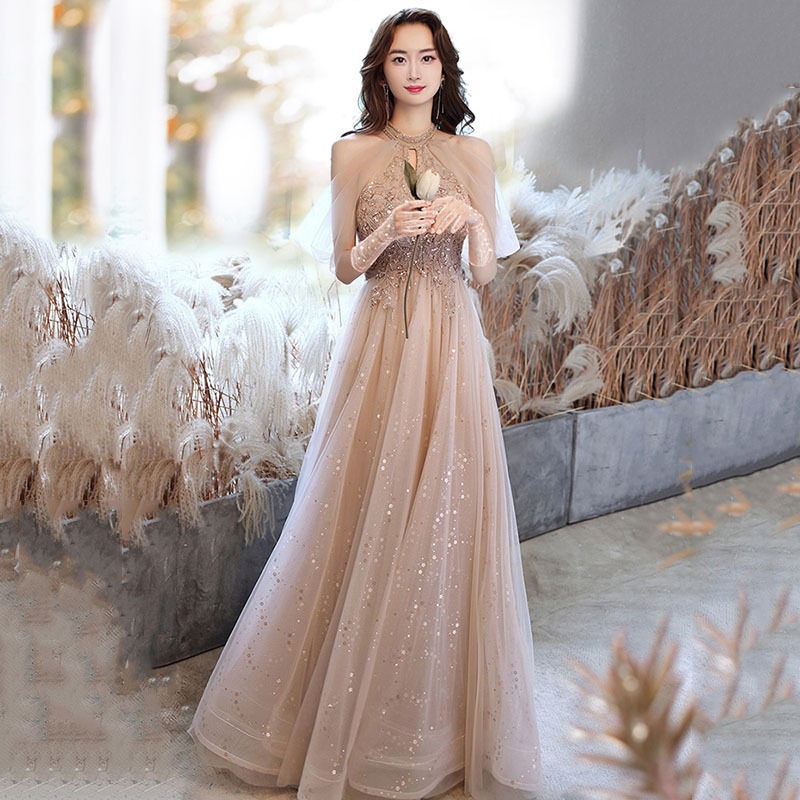 Champagne Elegant Evening Dress Halter Neck Off Shoulder Sequins Slim A-line Dresses Host Birthday Annual Party Gown