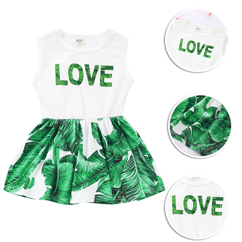  Corak LOVE  Dress tanpa lengan Leaf Kids Baby Girl Dress 