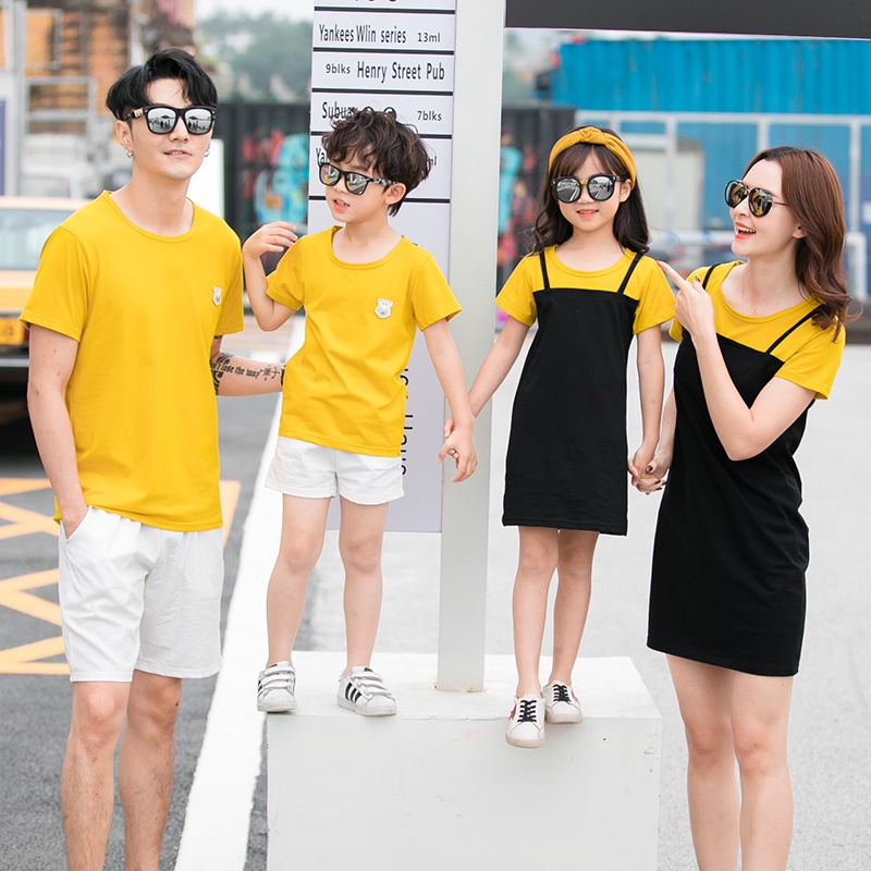 Yellow Cotton Family Outfits Shirt Women Blouse Girl Dress Couple Clothes Men Short Pants