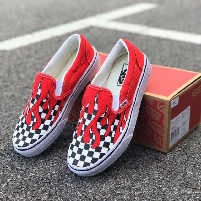 vans slip ons checkerboard flame