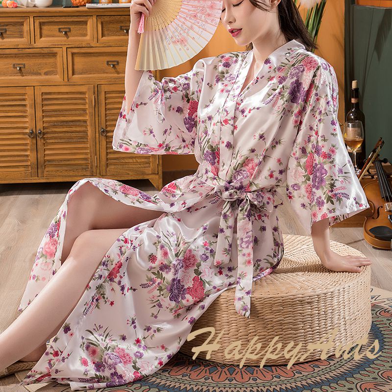Women's simulation silk sexy nightwear cardigan, long robe sleepwear, floral thin pyjamas women, bath robe, satin kimono robe