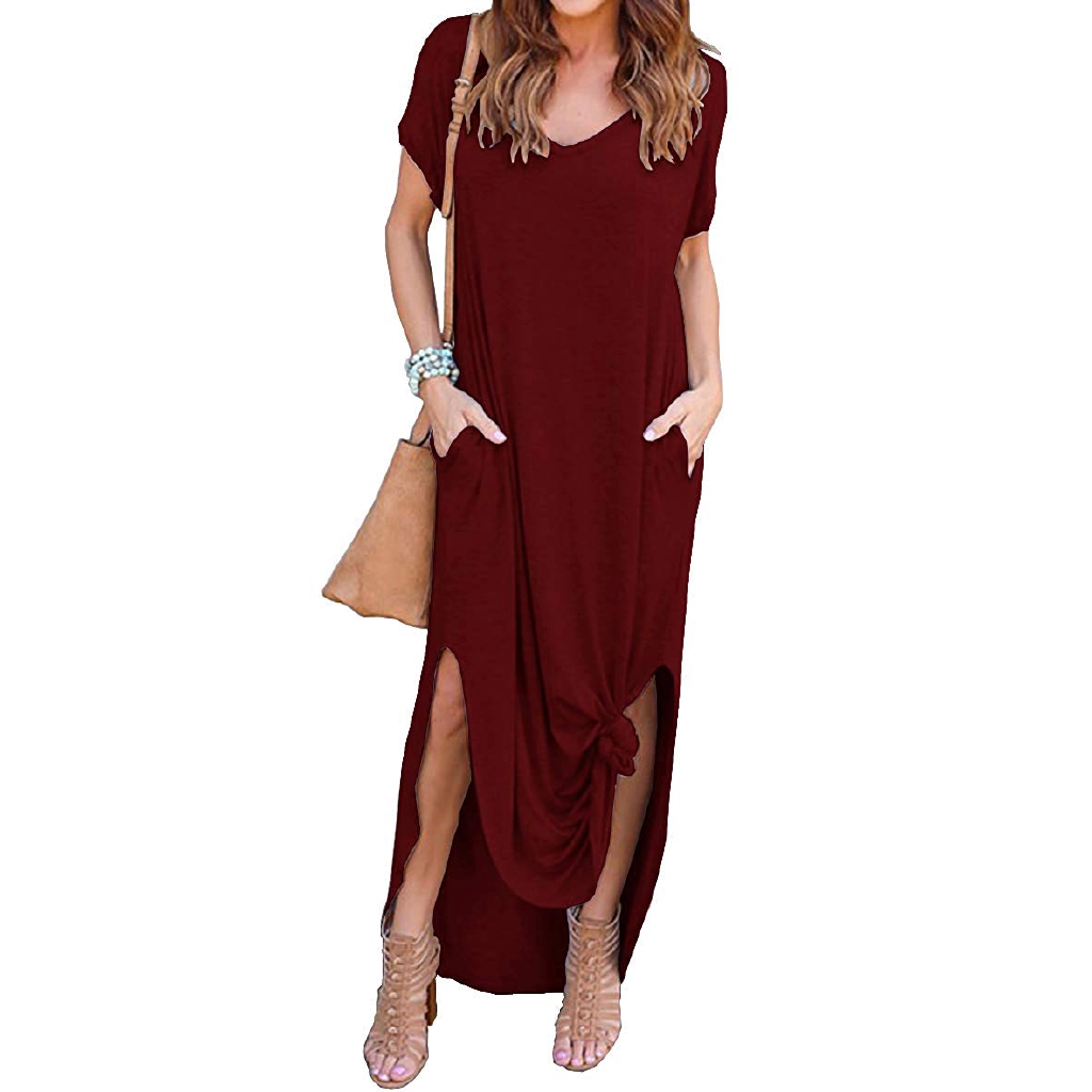 grecerelle women's casual loose pocket long dress short sleeve split maxi dresses