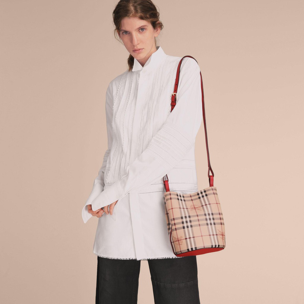 leather and haymarket check crossbody bucket bag