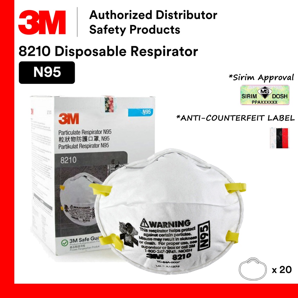 3M 8210 8110S(Small Size) 8210V N95 Particulate Respirator Haze Dust Mask/ Flu Prevention/ NIOSHDOSH SIRIM (20 pcs/box)