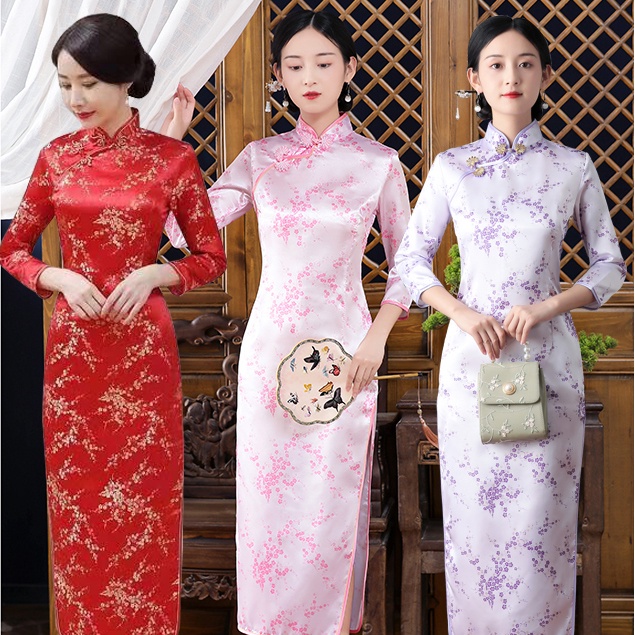 Cheongsam Dress Vintage Plus Size Chinese Traditional Long Sleeve ...