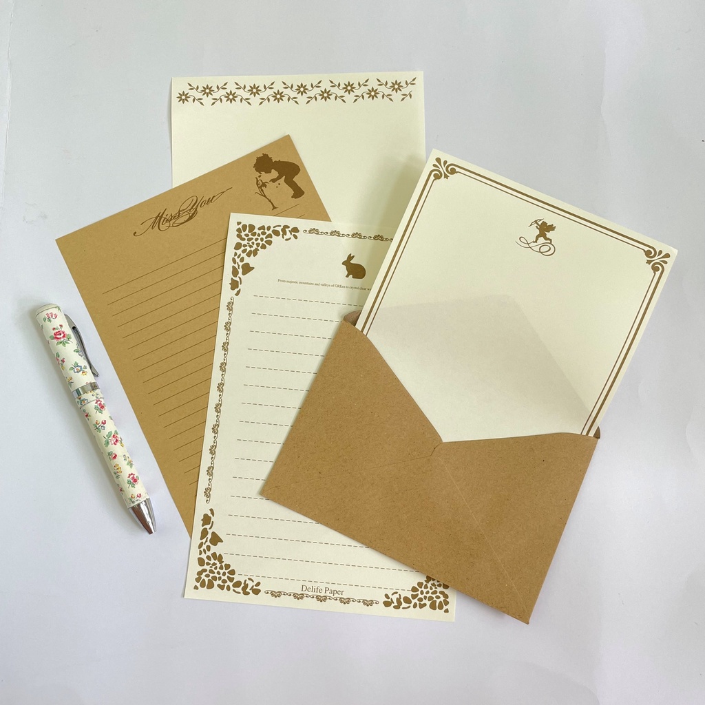 Letter Writing Set – 2pcs A5 Deco Paper & 1pc Kraft Envelope – Romantic Roses Love Angel Cupid - Mail Post Sampul Surat